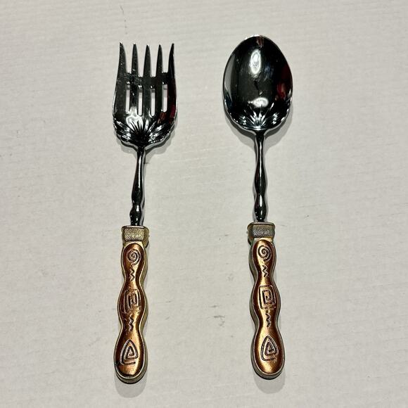 2 Saints Silver Toned Serving Salad Fork & Spoon Set Ornate Handles 11.5” Heavy - Picture 1 of 12